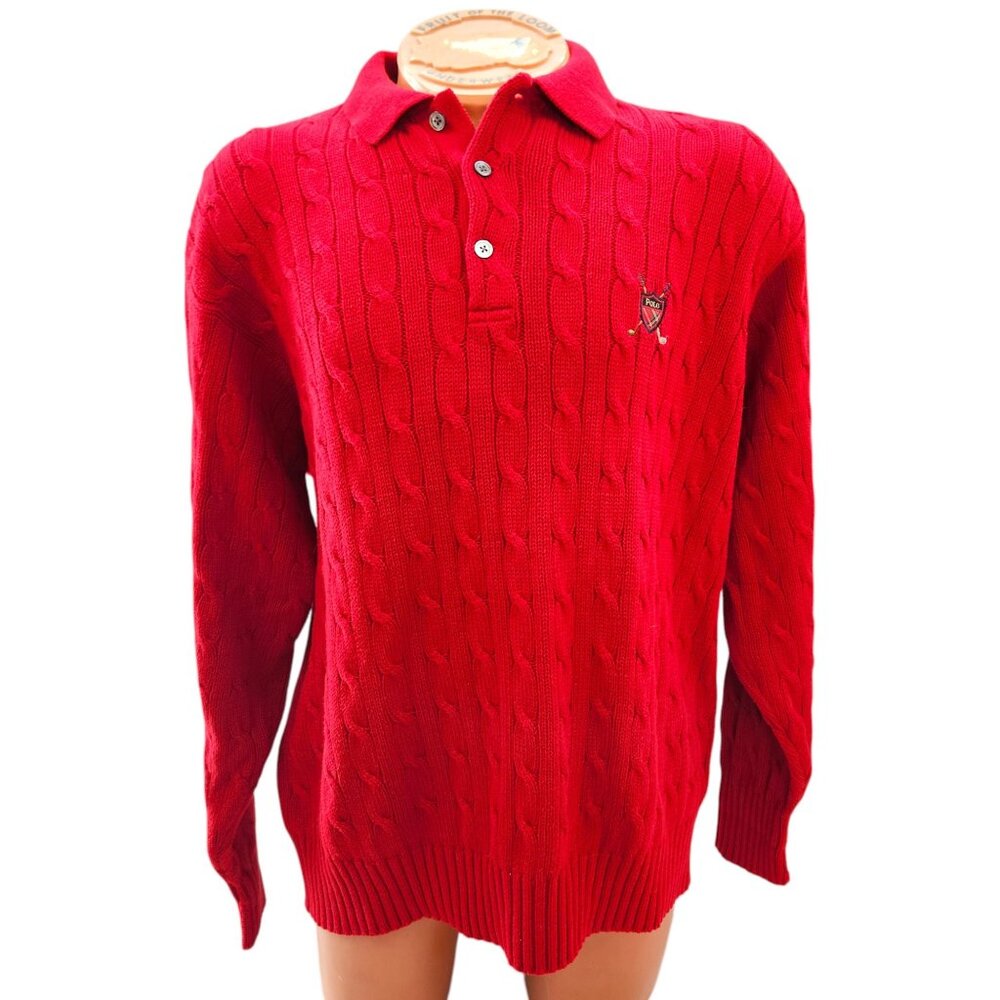Ralph Lauren Polo Mens Cable Knit Sweater Red Cotton Button Up Long Sleeve Med.